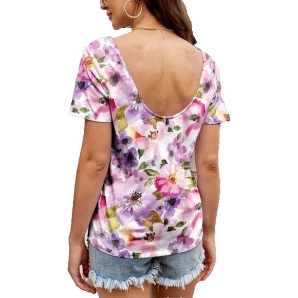 Nanu Purple & Pink Floral Scoop Back Tee Size S - Picture 2 of 3